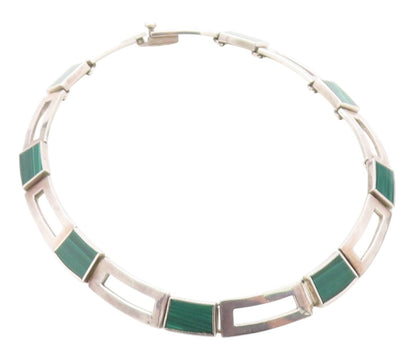 925 Sterling Silver Vintage Necklace MEXICO Malachite Geometric Collar  NE4648