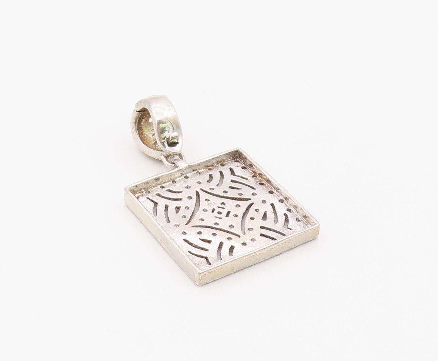 925 Sterling Silver Vintage Pendant White Topaz Geometric Square Charm  PT26332