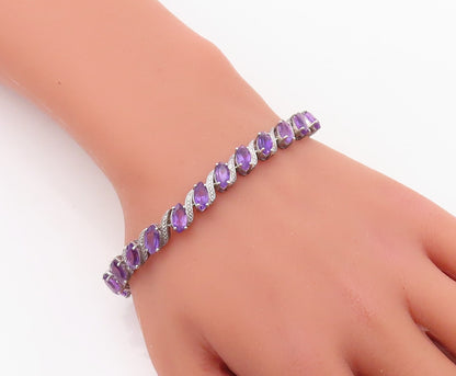 925 Sterling Silver Vintage Bracelet Swirly Carved Oval Cut Amethyst  BT10871
