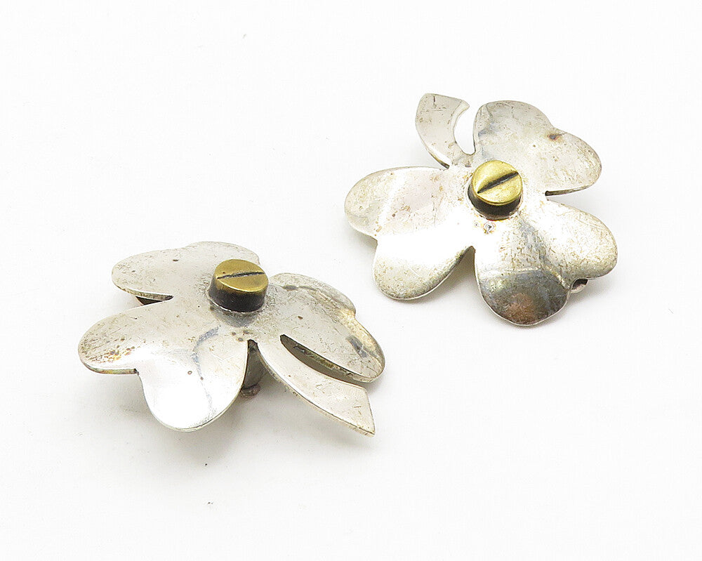 MEXICO 925 Sterling Silver  Vintage 2 Tone Clover Non Pierce Earrings  EG5847