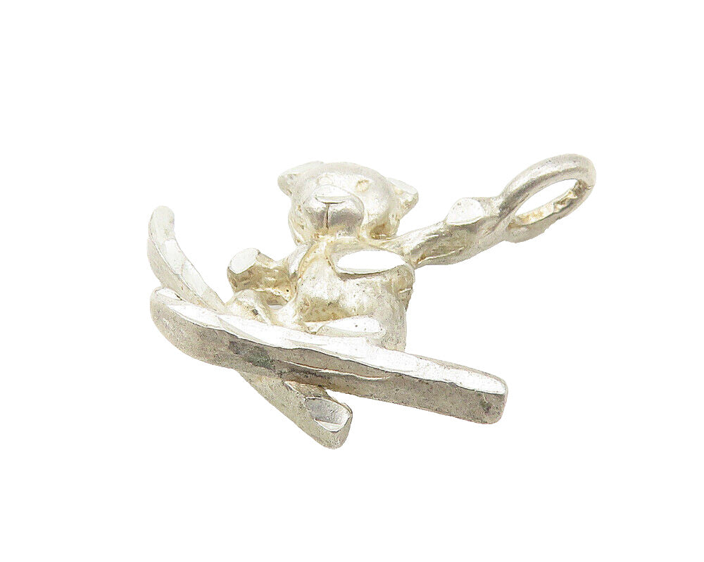 925 Sterling Silver  Vintage Petite Skiing Teddy Bear Drop Pendant  PT9344