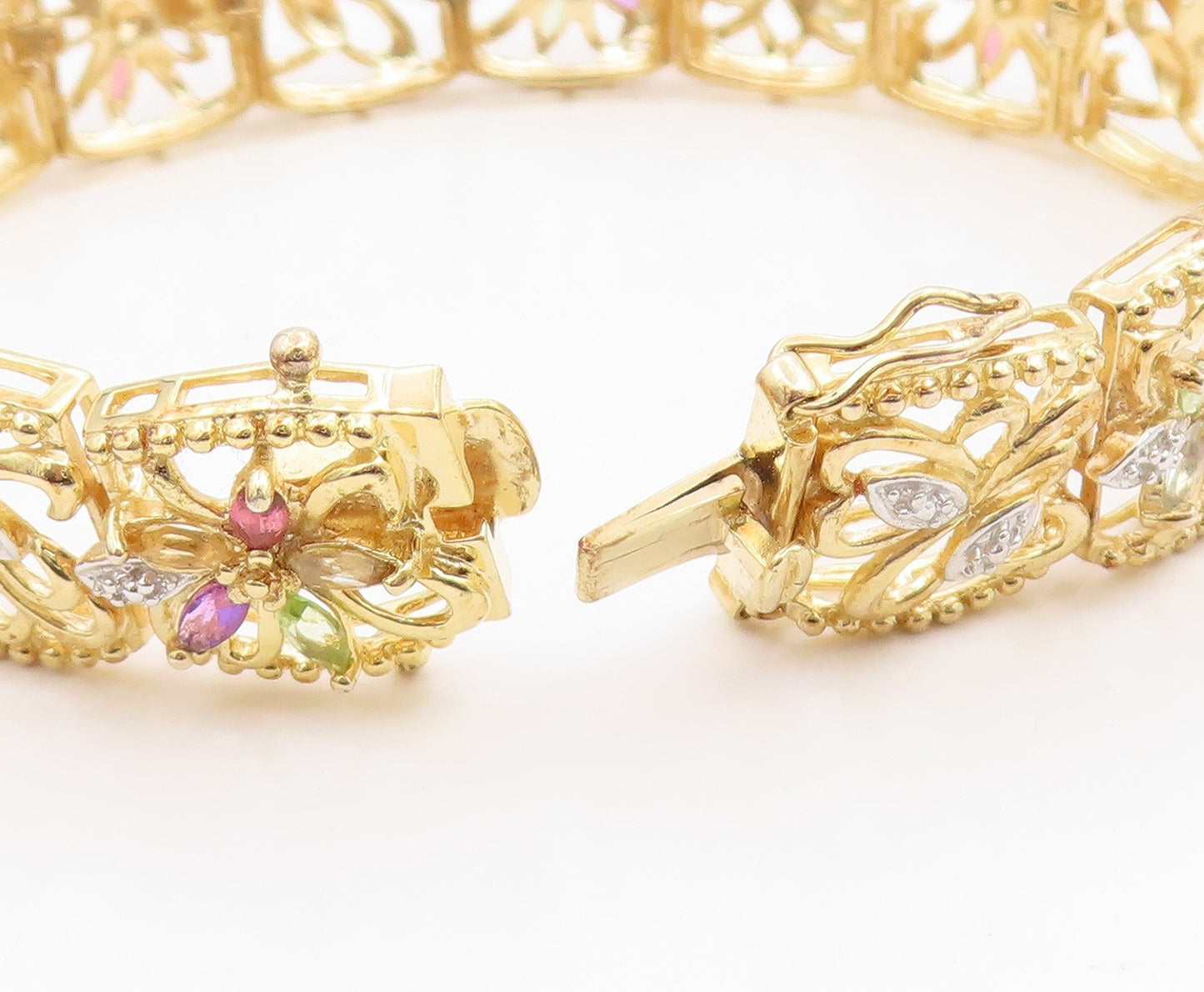 925 Sterling Silver Vintage Bracelet Gold Plated Gemstone Floral Link  BT12076