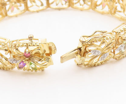 925 Sterling Silver Vintage Bracelet Gold Plated Gemstone Floral Link  BT12076