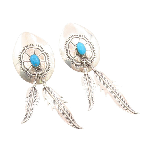 925 Sterling Silver Vintage Earrings NAVAJO Turquoise Feather Dangles  EG13726