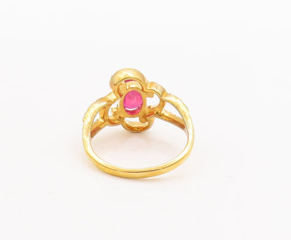 925 Sterling Silver Vintage Ring Gold Plated Ruby & CZ Flower  Sz 7  RG29721