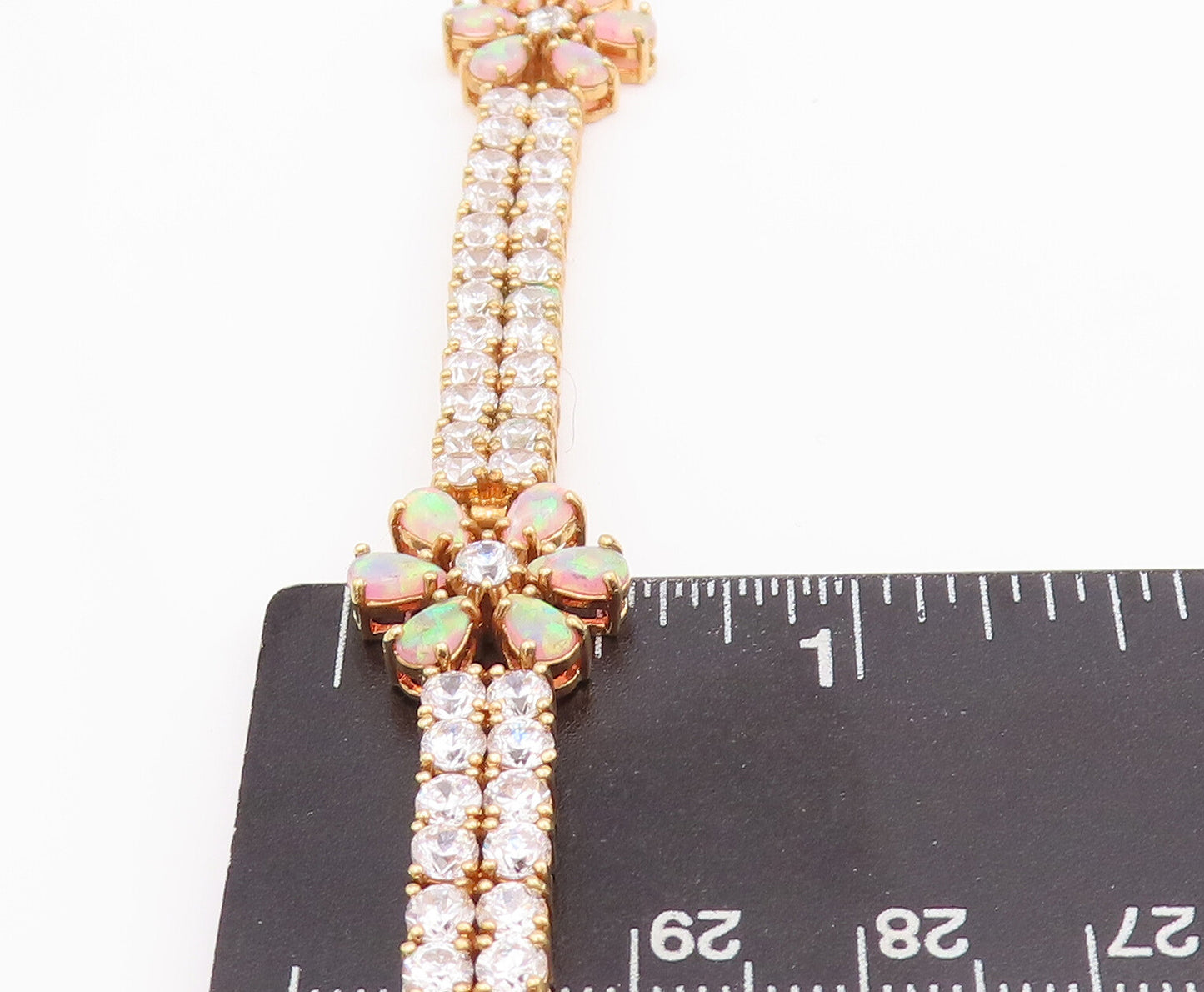 925 Sterling Silver Vintage Bracelet Fire Opal Flower CZ Band  BT10534