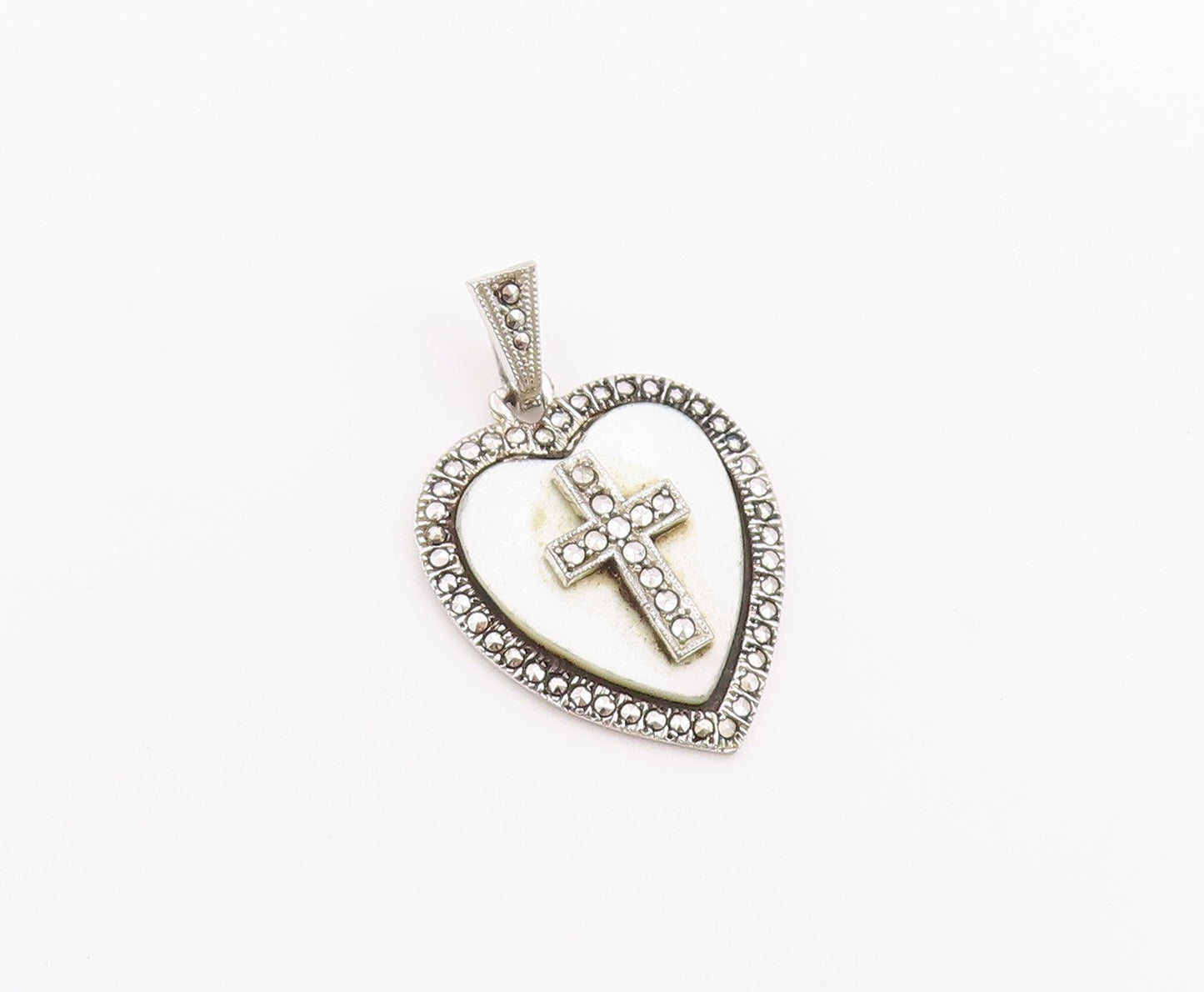 925 Sterling Silver Vintage Pendant Mother Of Pearl Love Heart & Cross  PT26413