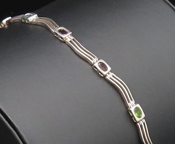 925 Silver  Vintage Peridot Garnet & Gemstones Open Row Link Bracelet  BT9722