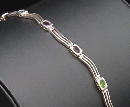 925 Silver  Vintage Peridot Garnet & Gemstones Open Row Link Bracelet  BT9722