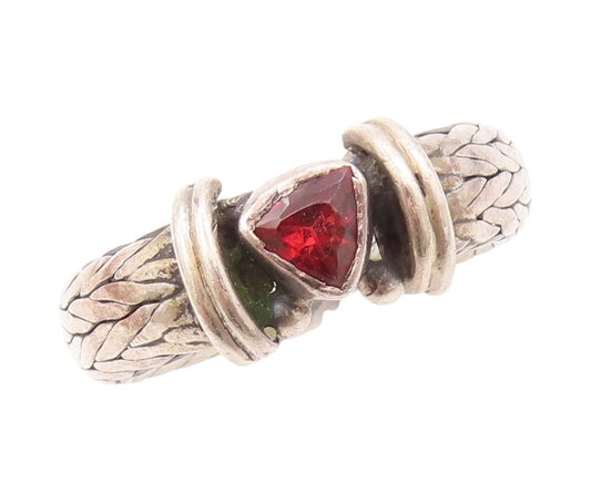 925 Sterling Silver Vintage Ring Braded Design Etched Garnet  Sz 8  RG31844