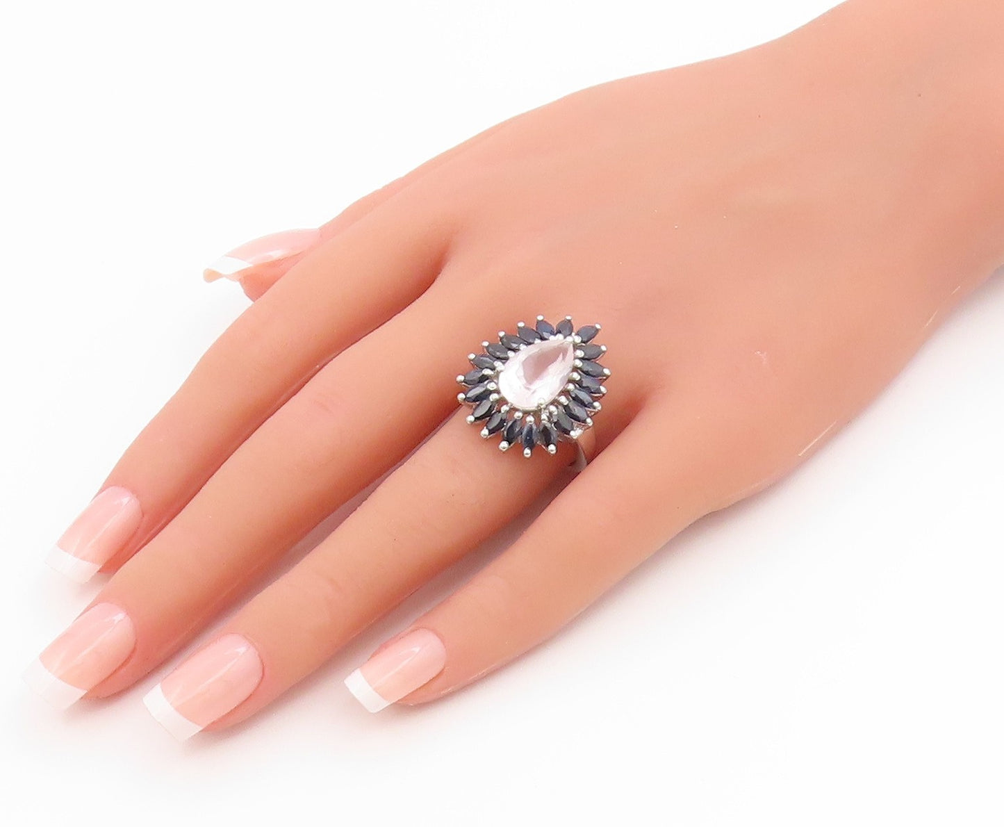 925 Sterling Silver Vintage Ring Elegant Rose Quartz & Sapphire  Sz 8.5  RG36147