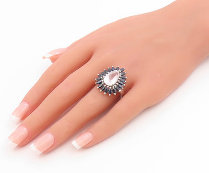 925 Sterling Silver Vintage Ring Elegant Rose Quartz & Sapphire  Sz 8.5  RG36147