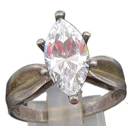 925 Silver  Vintage Marquise Cubic Zirconia Concave Shank Ring Sz 10  RG25311