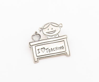 MEXICO 925 Sterling Silver  Vintage Oxidized I Love Teaching Brooch Pin BP4452