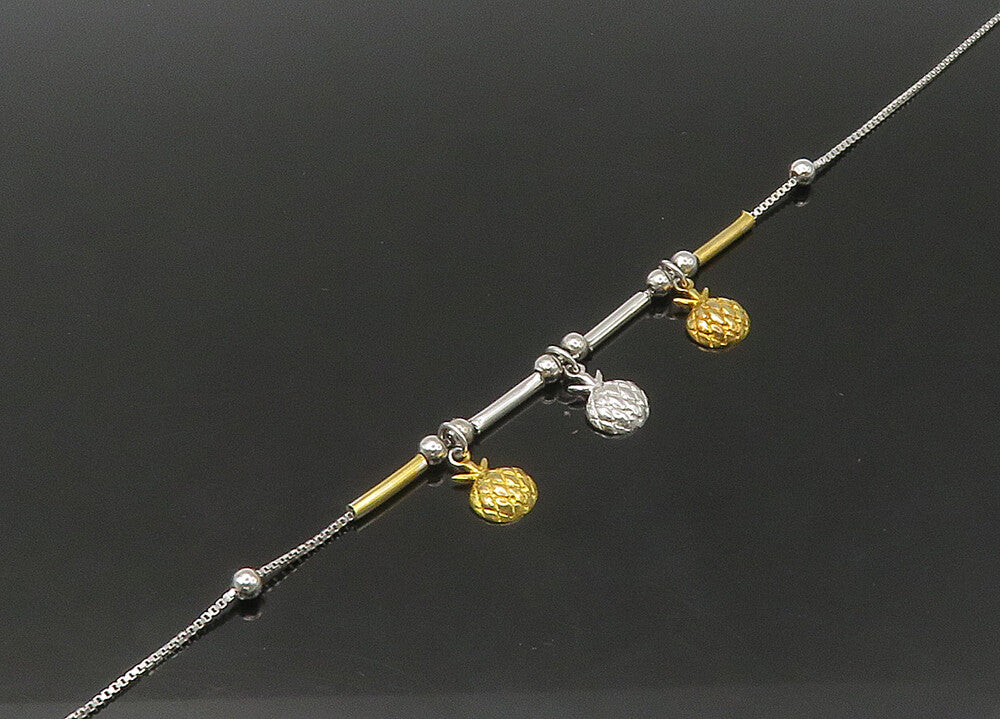 925 Sterling Silver  Vintage Shiny Two Tone Charmed Chain Bracelet  BT8750