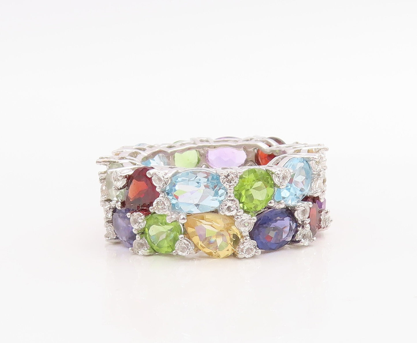 925 Sterling Silver Vintage Ring Multi Shape Gemstones Double Band Sz 8 RG30971