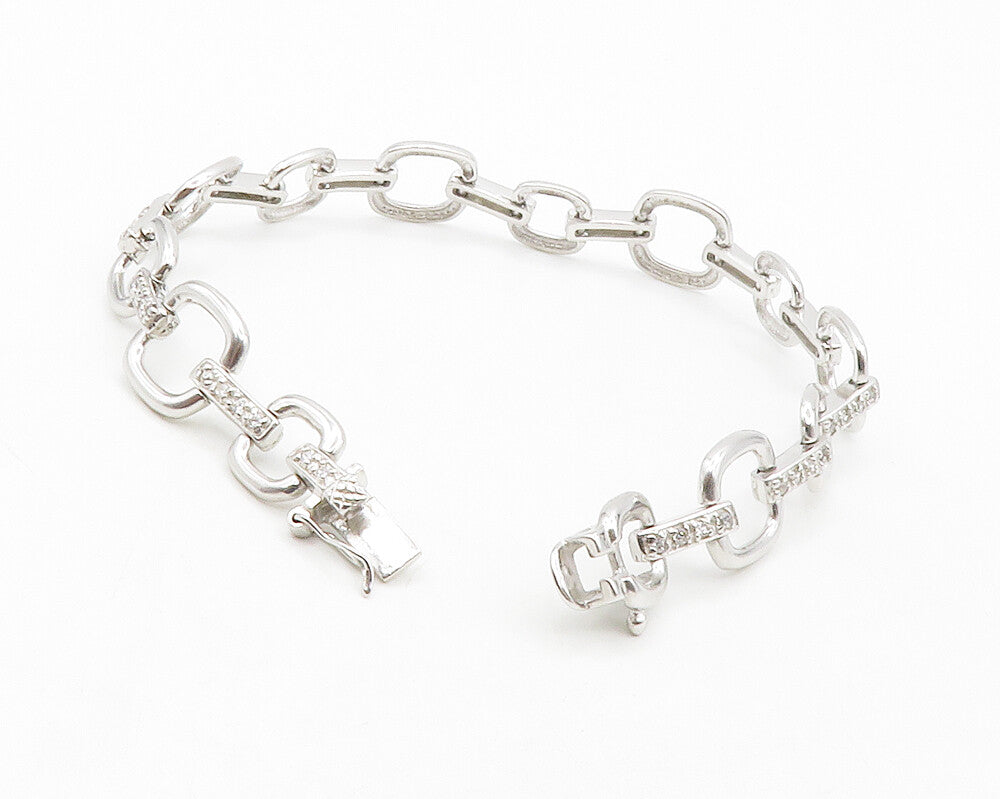 925 Sterling Silver  Shiny White Topaz Open Square Link Chain Bracelet  BT4986