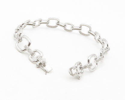 925 Sterling Silver  Shiny White Topaz Open Square Link Chain Bracelet  BT4986
