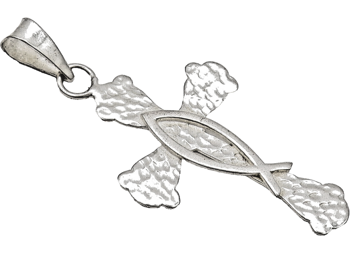 925 Sterling Silver  Vintage Hammered Cross Cut Fish Back Pendant  PT22362