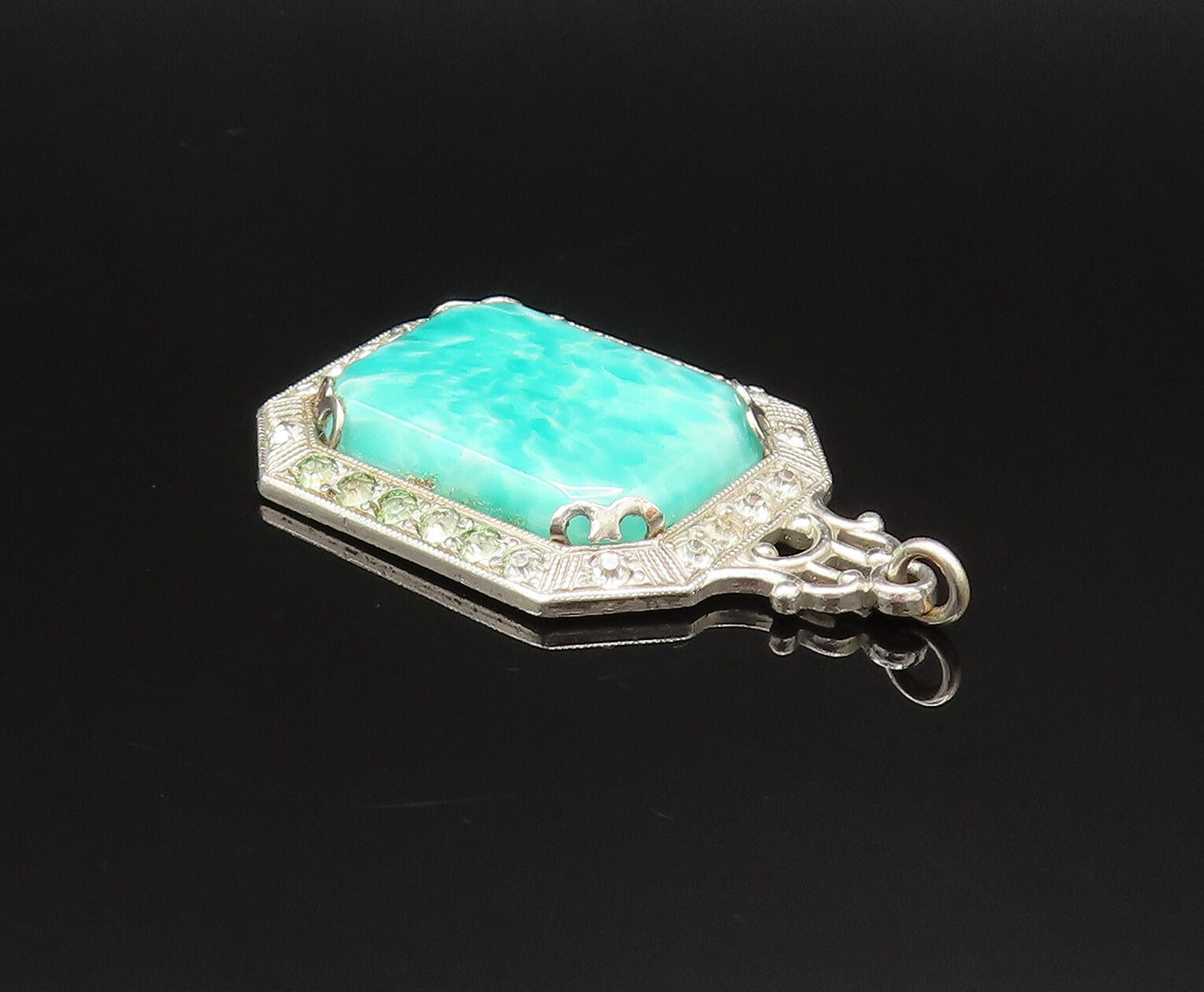 925 Silver  Vintage Victorian Amazonite & Cubic Zirconia Pendant  PT21006