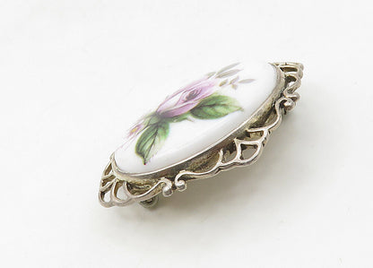 JEZ 925 Sterling Silver  Vintage Enamel Rose Flower Oval Brooch Pin  BP8437