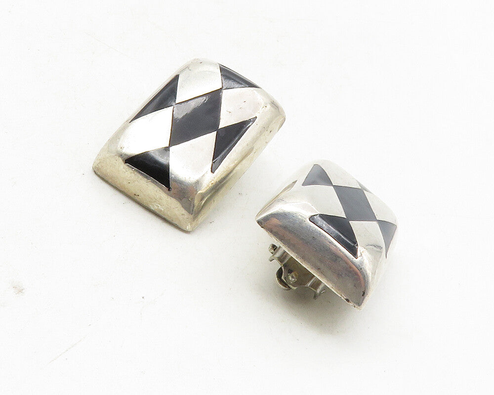 MEXICO 925 Sterling Silver  Vintage Black Onyx Non Pierce Earrings  EG5131