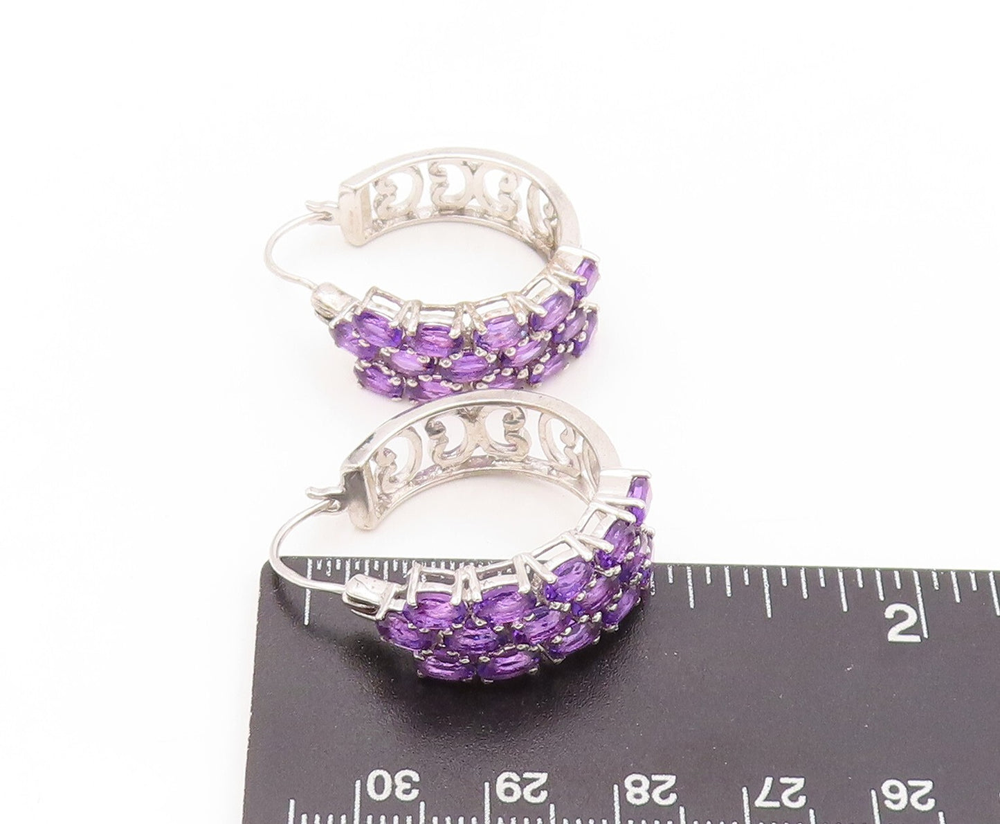 925 Sterling Silver Vintage Earrings Oval Amethyst Inlay Carved Hoops  EG13401