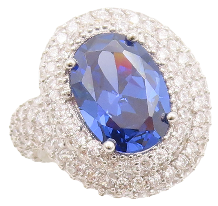 925 Sterling Silver Vintage Ring Designer Oval Sapphire Halo CZ Sz 7.5 RG29568