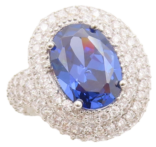 925 Sterling Silver Vintage Ring Designer Oval Sapphire Halo CZ Sz 7.5 RG29568