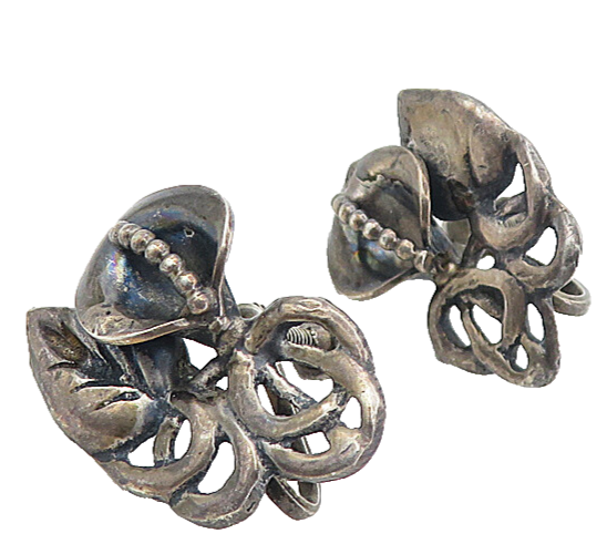 925 Sterling Silver  Vintage Dark Tone Floral Leaf Non Pierce Earrings  EG4048