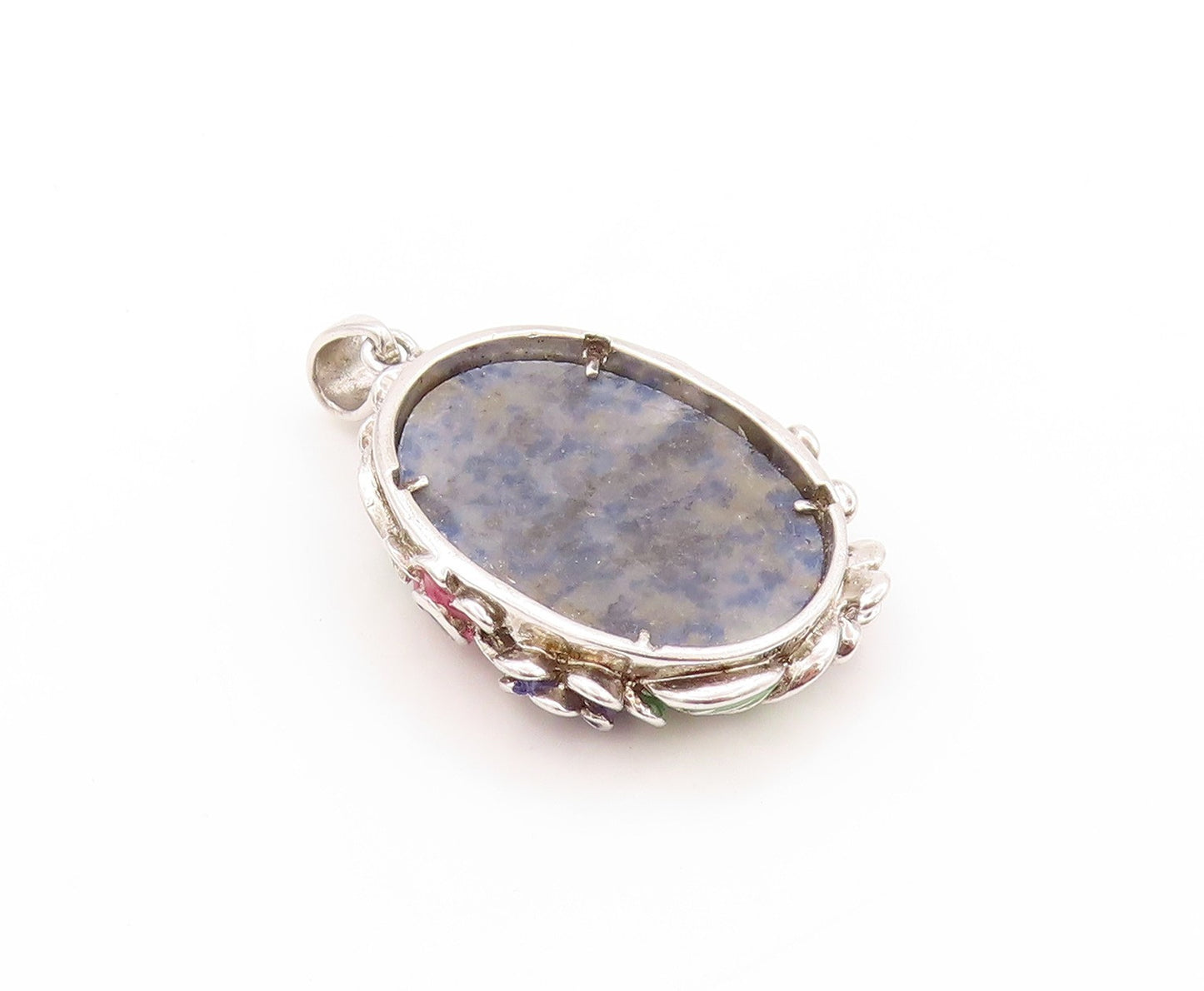 925 Sterling Silver Vintage Pendant Oval Gemstone Halo Enameled Flowers  PT24157