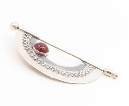 925 Sterling Silver Vintage Brooch Pin Round Cabochon Onyx & Carnelian  BP12431