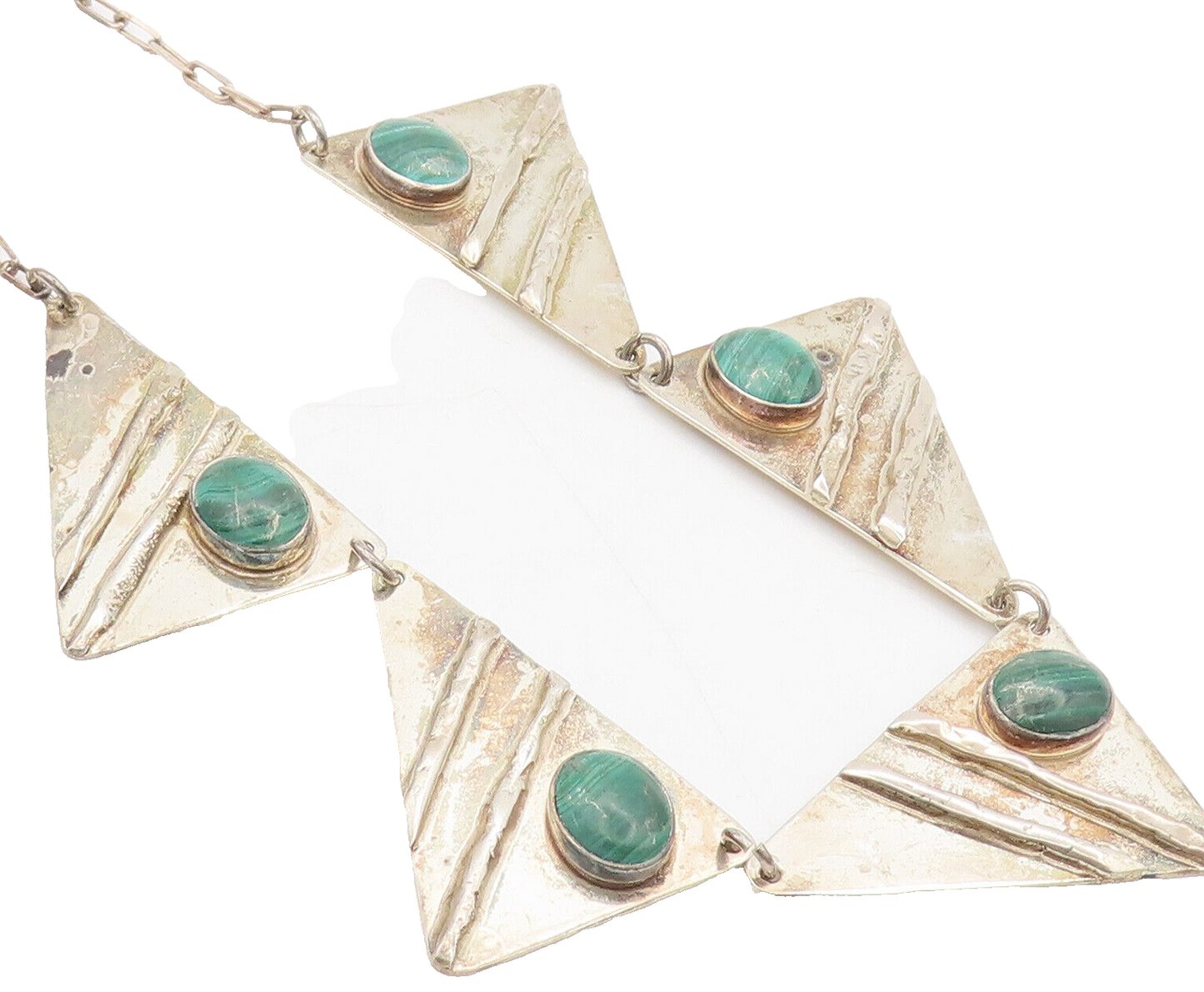 925 Silver  Vintage Modernist Malachite Carved Triangle Necklace  NE4138
