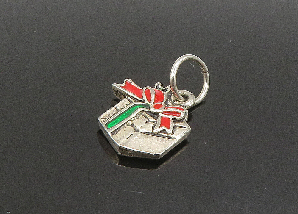 925 Sterling Silver  Vintage Enamel Christmas Gift Box Pendant  PT18948