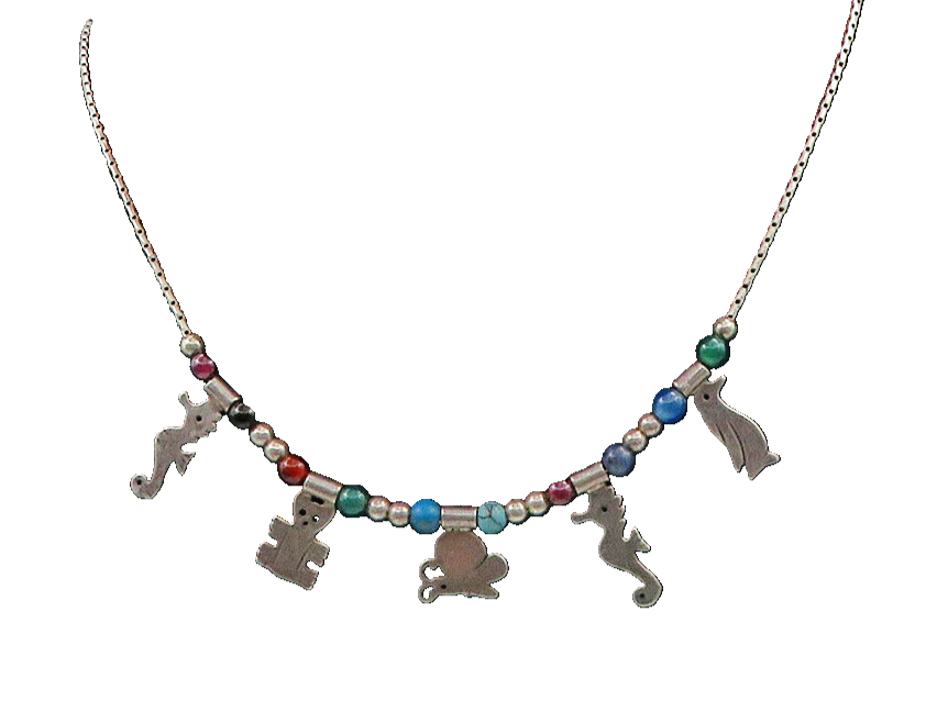 925 Sterling Silver Vintage Turquoise & Multi Stone Chain Necklace NE3668