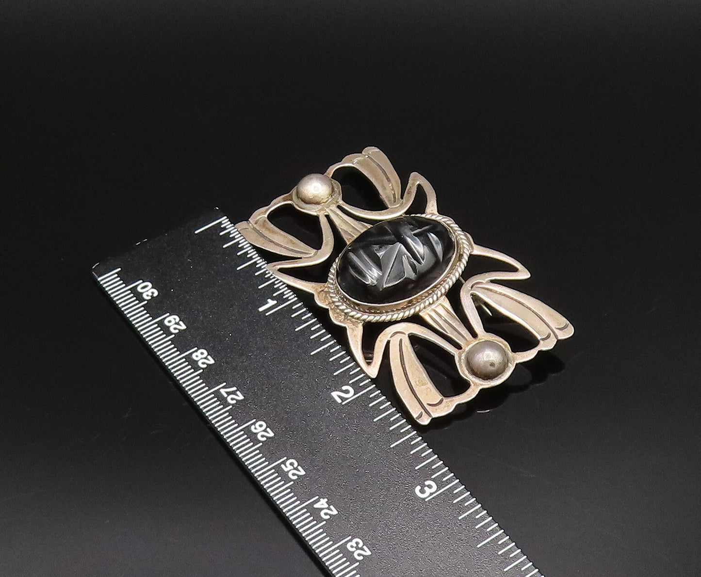 MEXICO 925 Silver  Vintage Carved Face Black Onyx Open Wings Brooch Pin BP9991