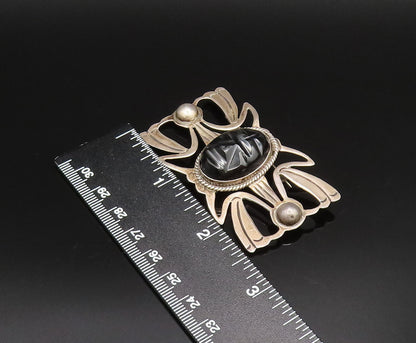 MEXICO 925 Silver  Vintage Carved Face Black Onyx Open Wings Brooch Pin BP9991