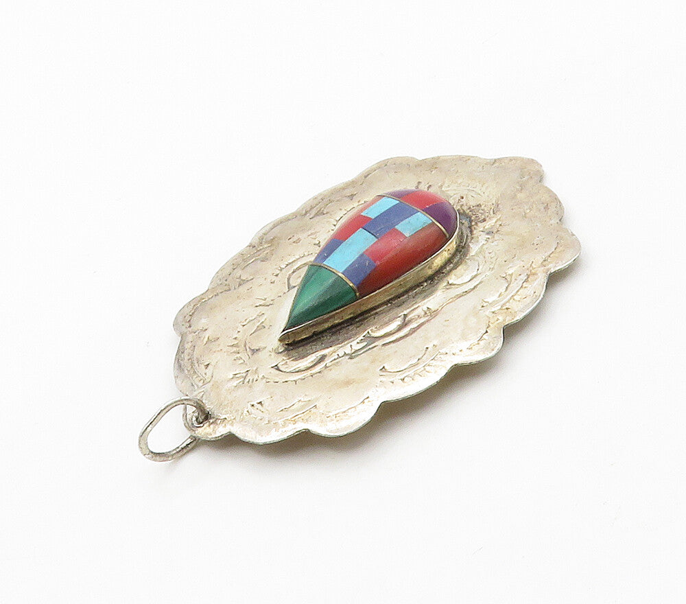 SOUTHWESTERN 925 Sterling Silver Vintage Malachite & Multi Stone Pendant PT12575