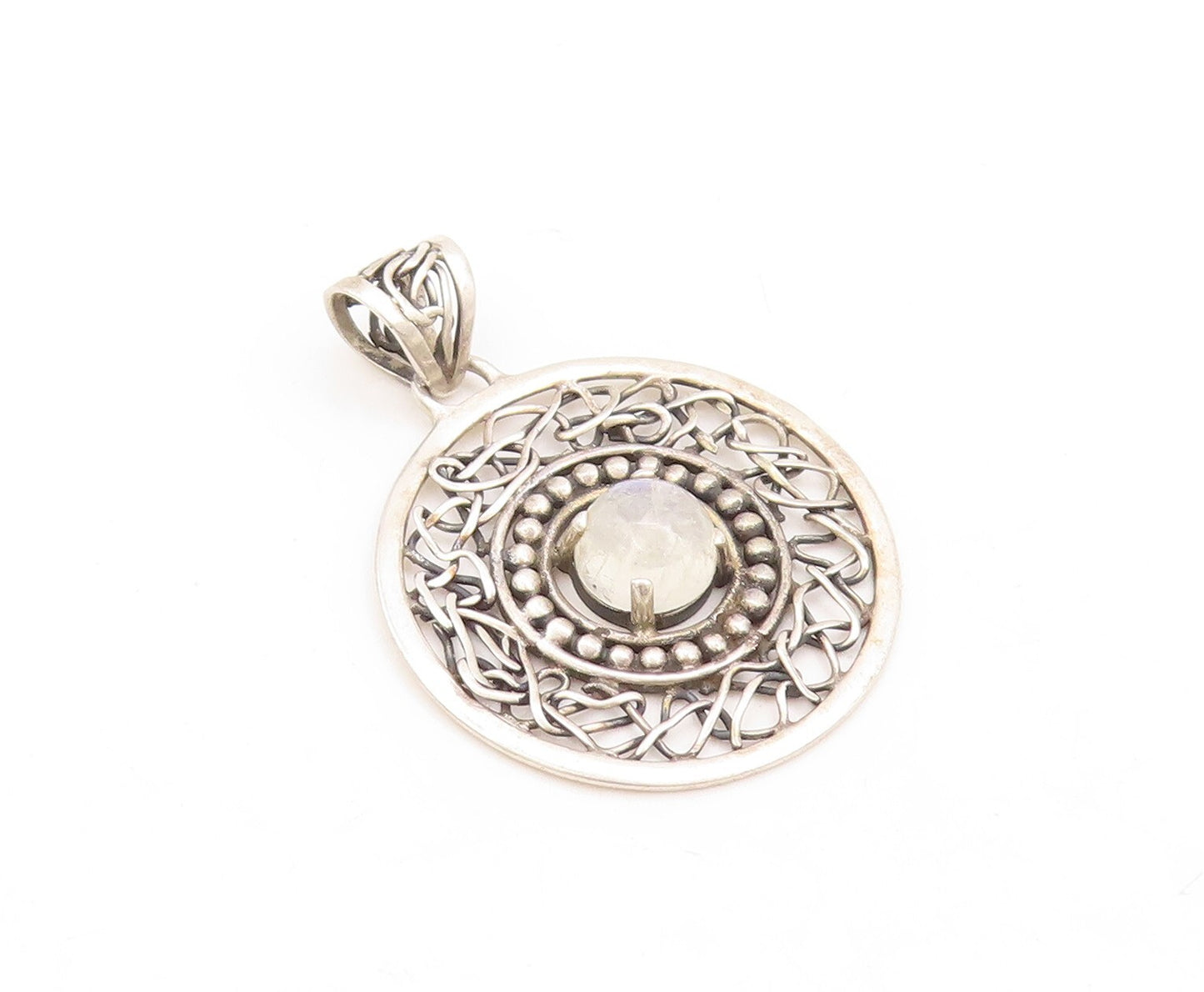 925 Sterling Silver Vintage Pendant Dark Tone Brutalist Cutout Moonstone PT23852