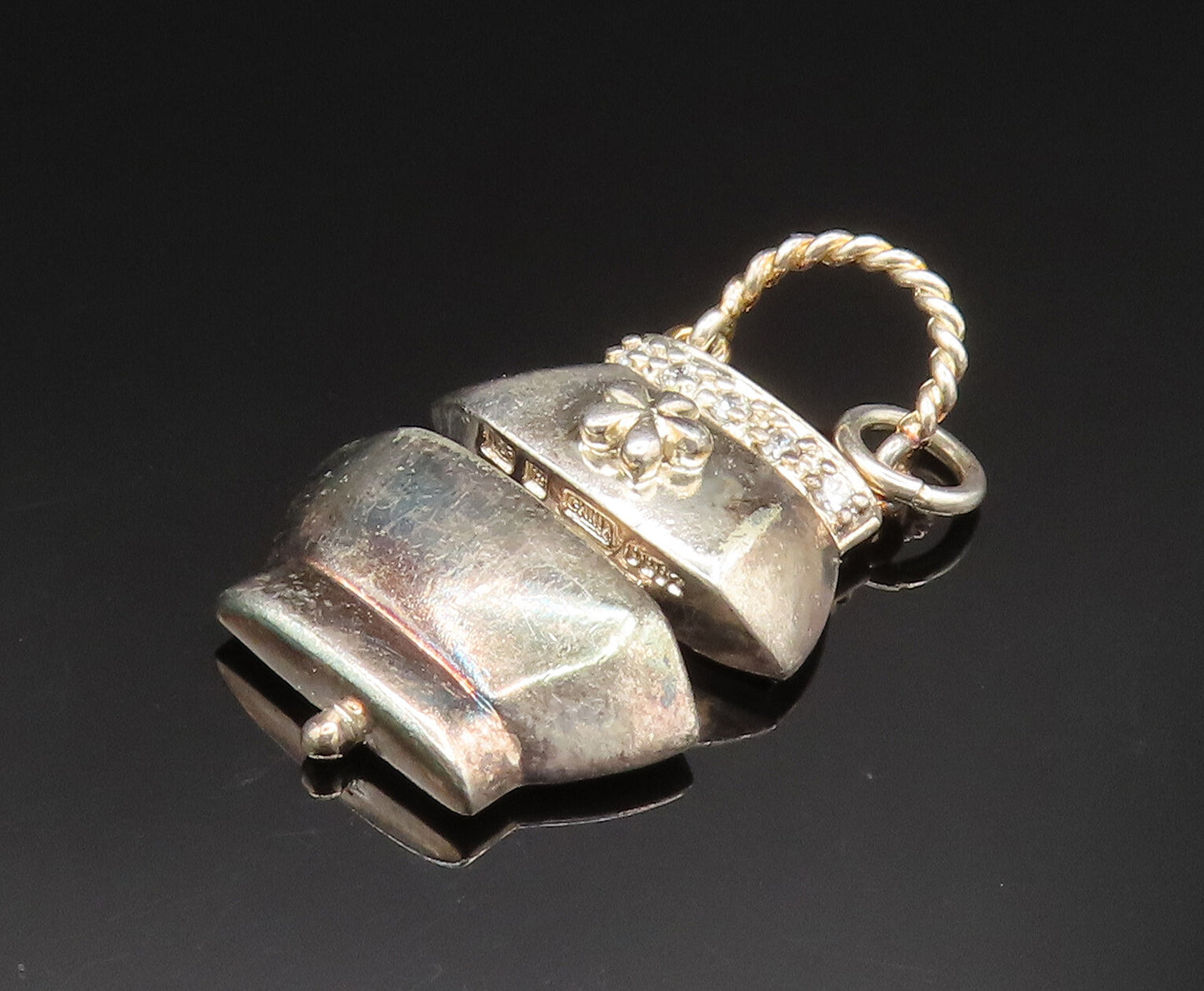 925 Sterling Silver Vintage Cubic Zirconia Floral Purse Pendant (OPENS)  PT20701