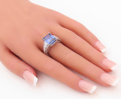 925 Sterling Silver Vintage Ring Designer Rectangle Sapphire CZ  Sz 7  RG30348