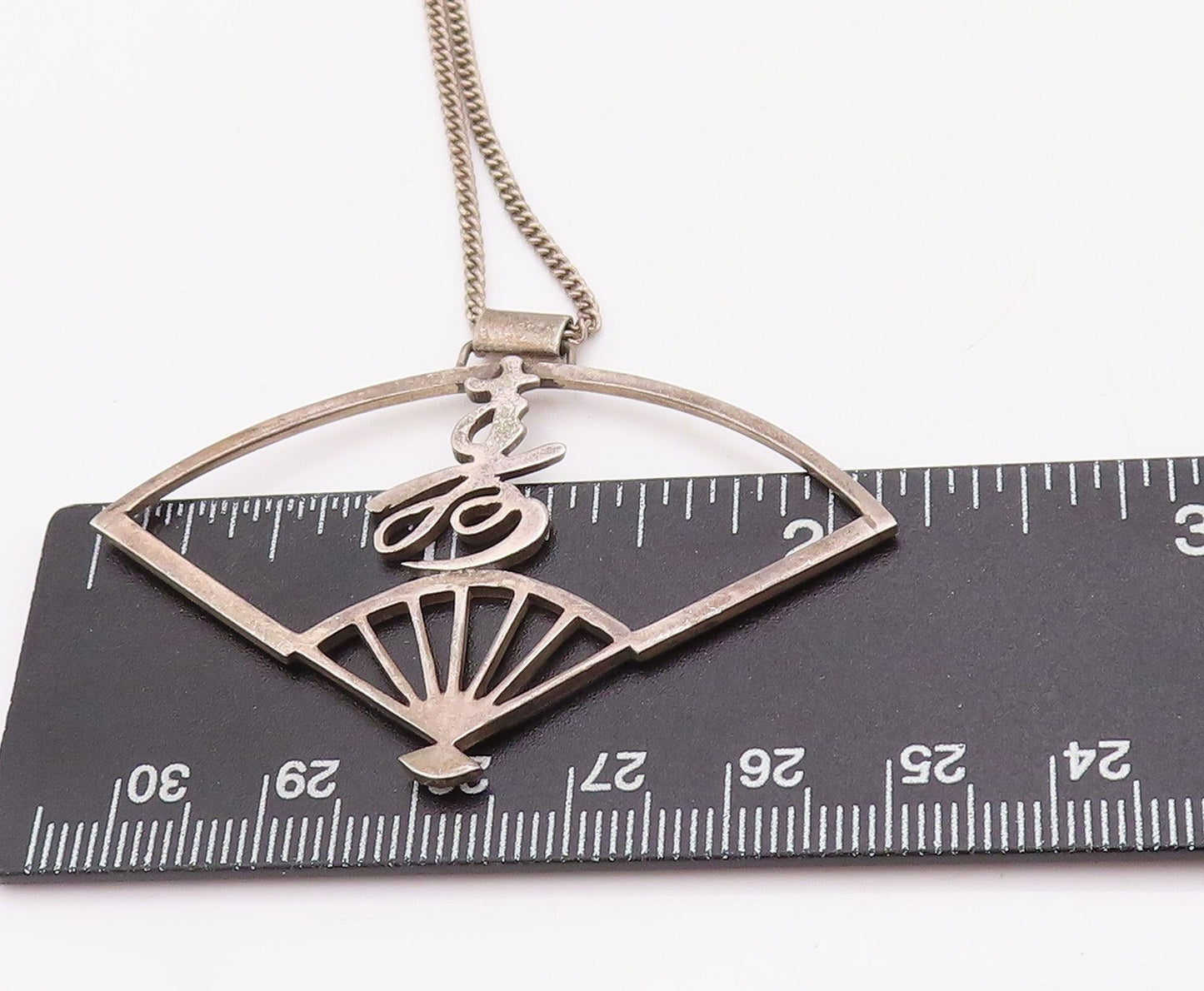 925 Sterling Silver Vintage Necklace Dark Tone Cutout Chinese Hand Fan  NE4386