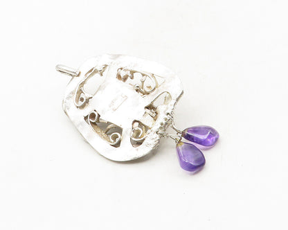 925 Sterling Silver  Vintage Amethyst Modernist Sculpted Swirl Pendant  PT7834