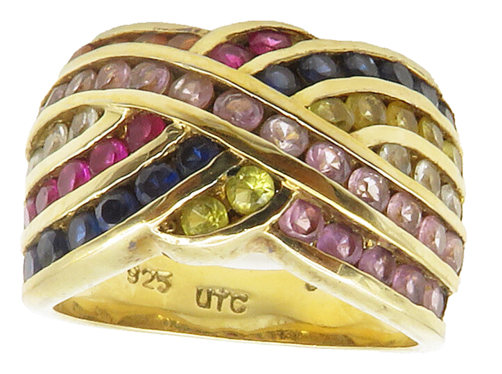 925 Sterling Silver Multi Color Topaz Gold Plated Band Ring Sz 7 RG15161