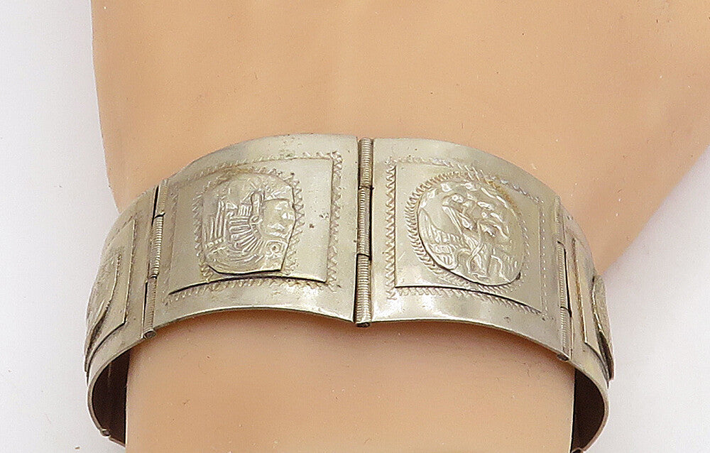 TAXCO MEXICO 925 Silver  Vintage Chief's Head Hinge Chain Bracelet  BT2688