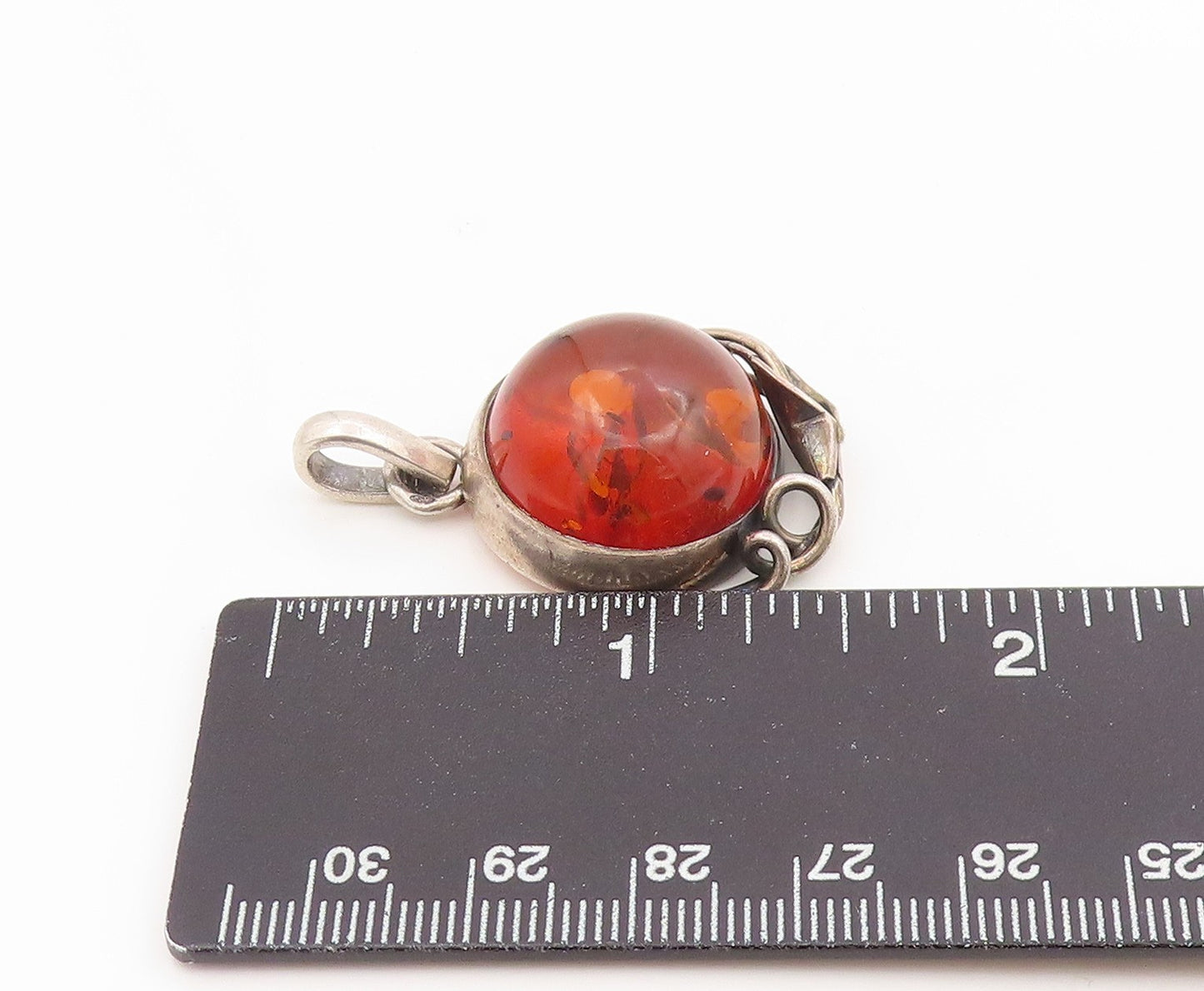 925 Sterling Silver Vintage Pendant Round Cabochon Amber Leaf Motif  PT26242