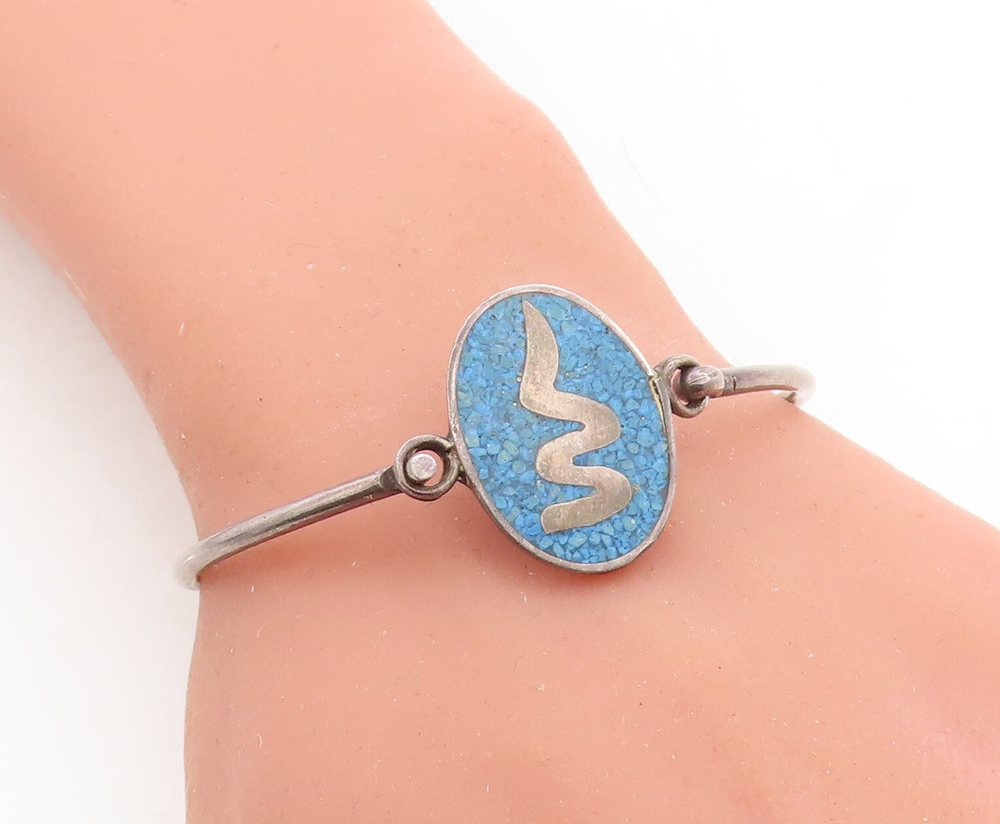 MEXICO 925 Sterling Silver Vintage Crushed Turquoise Bangle Bracelet BT1455