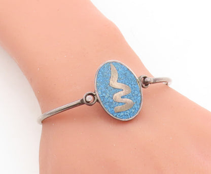MEXICO 925 Sterling Silver Vintage Crushed Turquoise Bangle Bracelet BT1455