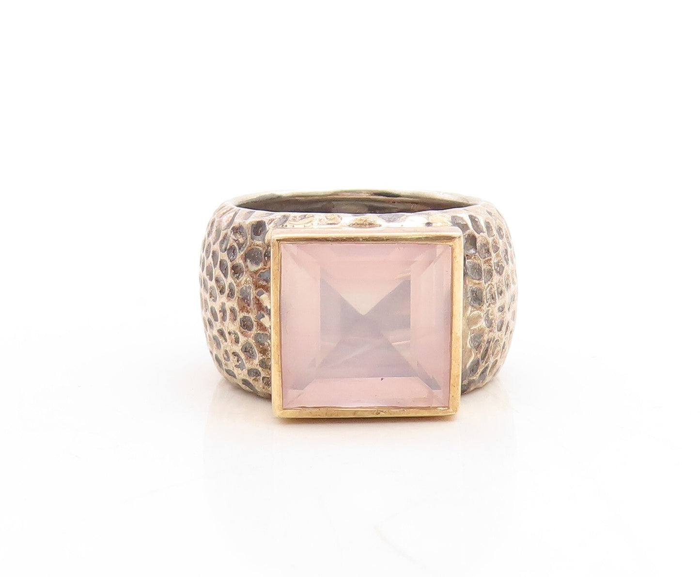 14k Gold 925 Sterling Silver Vintage Ring Pink CZ Hammered Effect  Sz 7  RG31510