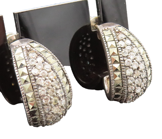 925 Sterling Silver Vintage Cubic Zirconia & Marcasite Curved Earrings EG12368